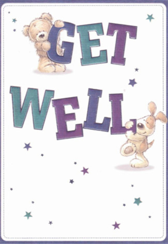 An endearing get well card illustration shows a tender little scene that could easily sit beside a fresh, calming arrangement from Florist Kenton on a bedside table. In the centre, the message "GET WELL" is written in large, friendly block letters, each one shaded with painterly strokes of deep purple, dusky indigo, and cool teal. These jewel-like tones stand clear and confident against an uncluttered white background, creating the same sense of space and freshness you feel walking through the open greenery near Kenton's parks. Perched atop the word "GET" is a chubby teddy bear with honey-coloured fur, rounded paws, and a soft, reassuring smile. It hugs the letters as though steadying the message, its slightly tousled fur illustrated with gentle strokes that suggest a well-loved, comforting toy. Below, leaning warmly against the bold "WELL," a floppy-eared puppy joins in, its fur a cosy mix of soft browns or creams, with an eager expression that seems to nuzzle the word itself. Around them, clusters of star shapes and tiny starbursts are scattered in varying shades of teal, violet, and mid-blue, like bits of confetti or distant twinkles over the rooftops of Kenton on a clear night. These stars add movement and joy without overwhelming the design, as if each one carries a whispered wish for recovery and strength. The overall feeling is light, optimistic, and sincerely caring, ideal for sending to someone resting at home near Kenton Road or recovering at a nearby clinic. The illustration captures the same thoughtful balance a florist seeks - a blend of colour, softness, and open space that gently lifts the spirit rather than shouting for attention, offering comfort in a quietly cheerful way.