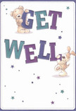 A whimsical illustrated get well card shows two friendly characters - a plush teddy bear and a floppy-eared puppy - working together to share a healing message, much like a caring Kenton florist choosing each stem with intention. The bear, soft and golden with rounded paws and a gentle smile, clings playfully to the top of the word "GET," while the puppy, with velvety ears and a wagging pose, leans into the big, bold letters of "WELL" beneath. The typography itself feels almost three-dimensional, painted in rich shades of indigo, deep purple, and teal that echo the jewel-toned skies over Kenton in early evening, standing out crisply against a clean, creamy white background. Around the characters, scattered starbursts in varying hues of blue, violet, and aqua sparkle like tiny wishes, giving the whole card a sense of buoyant optimism and gentle magic. The textures are lovingly rendered: you can almost feel the bear's cuddly fur and the puppy's soft coat, as if they're ready to snuggle beside someone resting at home near Kenton Road or close to Northwick Park. The scene radiates comfort and childlike reassurance, perfect for cheering a loved one recovering in hospital or tucked up on the sofa. It evokes the same tender feeling as sending a get well bouquet - perhaps cool white blooms and soft lilac tones - hand-delivered across Kenton to brighten a bedside table. Everything about the illustration, from the rounded shapes to the generous spacing of the stars, creates an airy, hopeful mood that gently encourages rest, healing, and the quiet belief that feeling better is on the way.